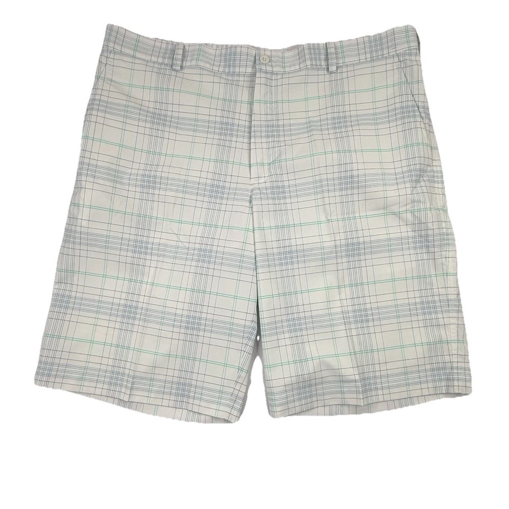Nike Golf Flat Front Shorts White Blue Plaid Size 40 11.5" Inseam